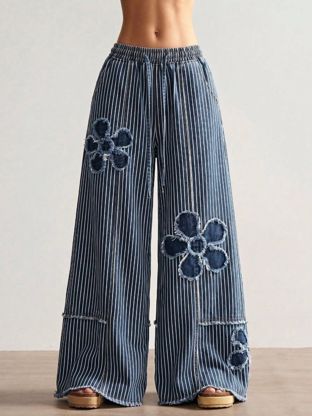Blue And White Casual Women's Woven Denim Polka Dot Loose Wide Leg Long Pants - Picture 6 of 8